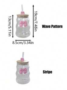 1pc Bowknot Glass Cup With Lid & Straw, Elegant Bowknot Glass Cup, Wavy Striped Glass Cup, Suitable For Home Decor, Drinking Water, Breakfast Milk, Afternoon Tea Coffee Cup, Valentine's Day Gift - Multicolor - View 2