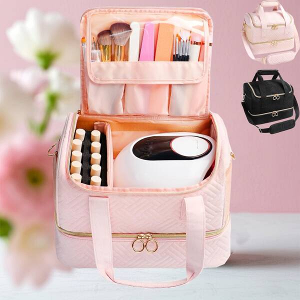 Estuche organizador de esmalte de uñas, bolsa organizadora de esmalte de uñas que sostiene 50 botellas (15ml/0.5fl.Oz) y lámpara de uñas, organizador de suministros de uñas de doble capa con correa para el hombro, estuche de transporte portátil para kit de uñas, regalo para mujeres y hombres. Artículos esenciales de viaje, vacaciones, verano, regreso a la escuela, bolsa de la escuela para viajes, bolsa de maquillaje para viajes