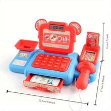 带游戏货币和配件的互动超市结账玩具 - 适合 3-6 岁儿童的角色扮演游戏套装、电池供电的扫描仪和麦克风、教育角色扮演游戏、理想的节日礼物（所有配件均为随机颜色）