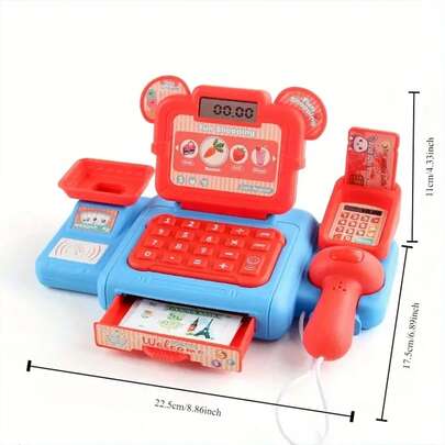 带游戏货币和配件的互动超市结账玩具 - 适合 3-6 岁儿童的角色扮演游戏套装、电池供电的扫描仪和麦克风、教育角色扮演游戏、理想的节日礼物（所有配件均为随机颜色）