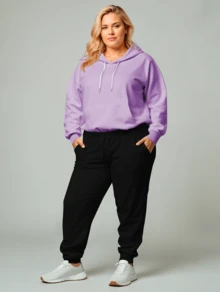 Women's Plus Size  Sweatshirt Set Casual Cold Weather Coat With Hood & Plain Pocket Basic Stylish Winter Tracksuit Long Sleeve Cold Weather Top And Pants - Lilac - View 2