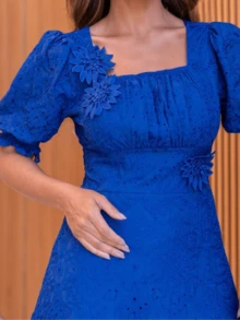 Lese Elegant Cotton Flared Dress With Princess Sleeves - Royal Blue - View 4