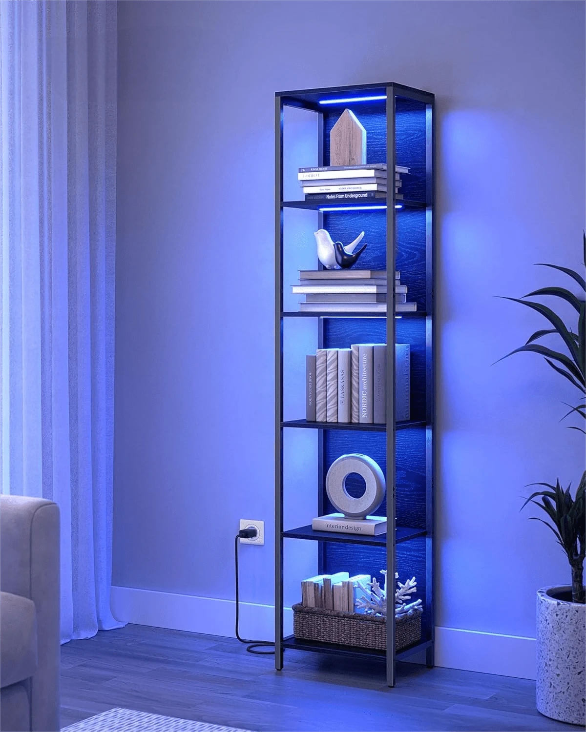 6-Tier LED Bookcase, Bookshelf With Dimmable Lights, Storage Shelf With Steel Frame, 30.3 X 40 X 178.6 Cm, For Living Room, Bedroom, Office, Ebony Black