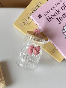 1pc Bowknot Glass Cup With Lid & Straw, Elegant Bowknot Glass Cup, Wavy Striped Glass Cup, Suitable For Home Decor, Drinking Water, Breakfast Milk, Afternoon Tea Coffee Cup, Valentine's Day Gift - Multicolor - View 6