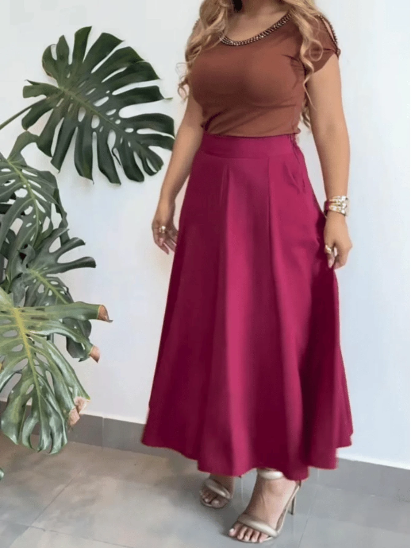 Women's Tailored Midi Skirt Evase Sensorial With Elegant Pocket - Màu Đỏ Sâu - Xem 1