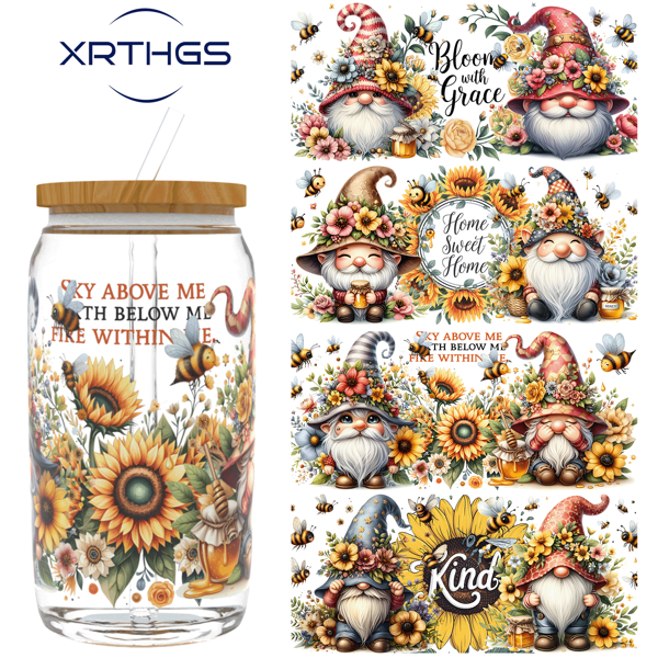 XRTHGS XRTHGS 4PCS/SET UV DTF Cup Wraps Bee Gnome Style Self-Adhesive Sticker For Coffee Cups, Water Bottles, Home Decor, Laptops And Refrigerator DIY Crafts(Glass Not Included), School Supplies,Back To School