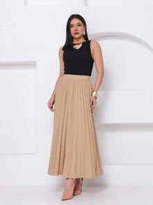 LXC Women's Pleated Skirt, Women's Vintage Midi Skirt, Elegant High Waist Long Skirt, Simple, Casual, Pleated, Office, Wedding - 米色 - 查看 4