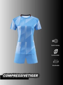 2pcs Women's Personalized Blue Football Kit - Quick-Drying Sweat-Absorbing Jersey & Shorts Set | Custom Name & Number | Ideal Gift For Girlfriend, Club Player - Blue - View 2