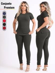 Women's Pants And Blouse Set Ribbed Knit Cotton Soft Short Sleeve Mid-Season Elegant - Army Green - View 1