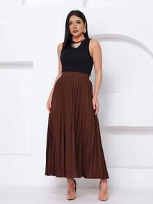 LXC Women's Pleated Skirt, Women's Vintage Midi Skirt, Elegant High Waist Long Skirt, Simple, Casual, Pleated, Office, Wedding - 鏽棕色 - 查看 6