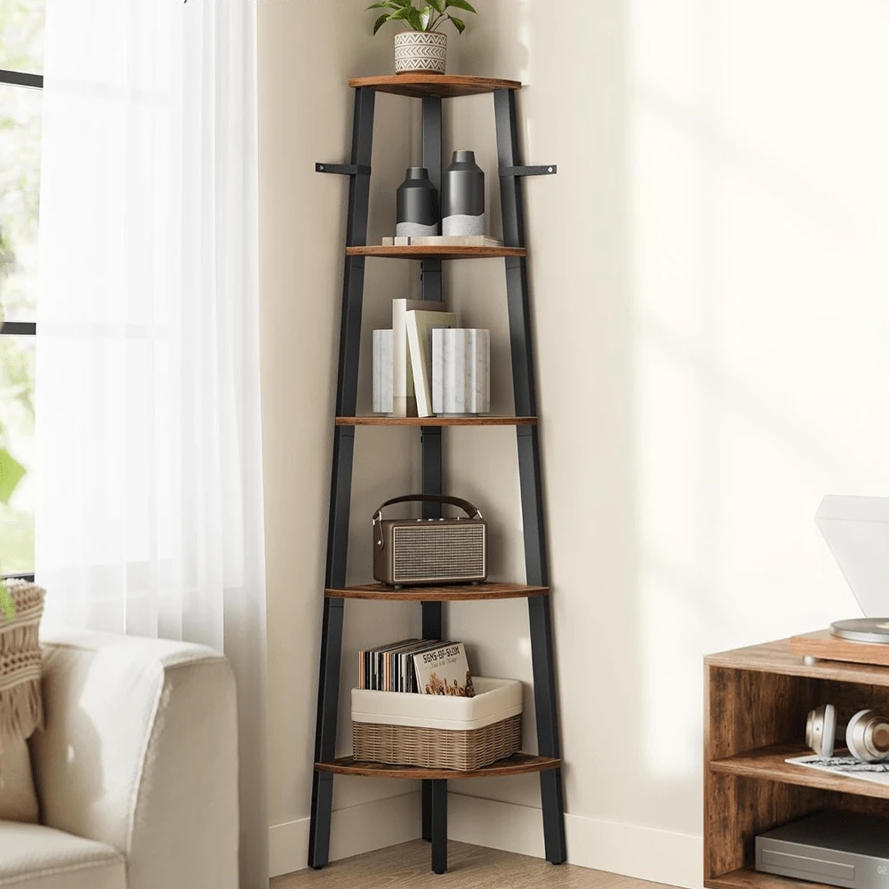 Corner Bookcase, Flower Rack, Shelving Unit, Book Shelf, 5 Tier Shelf Ladder Shelf Storage Unit Plant Holder For Living Room Industrial Style With Steel Frame, Home Decor Living Room, Brown And Black
