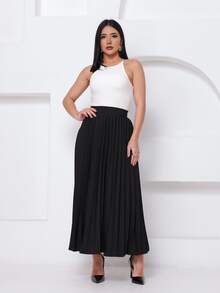 LXC Women's Pleated Skirt, Women's Vintage Midi Skirt, Elegant High Waist Long Skirt, Simple, Casual, Pleated, Office, Wedding - 黑色 - 查看 5
