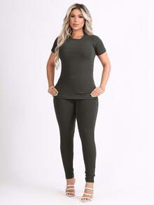 Women's Pants And Blouse Set Ribbed Knit Cotton Soft Short Sleeve Mid-Season Elegant - Army Green - View 6