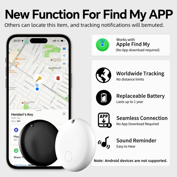 Apple MFI 认证蓝牙智能追踪器、物品查找器、行李追踪器、适用于 IOS 的定位器，可与 Apple Find My App 配合使用（与 Android 不兼容），适用于钱包、行李、宠物、汽车、贵重物品、多种场景中的重要人物