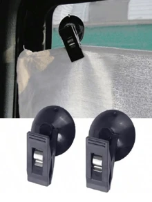 2pcs Car Interior Window Clip-On Black Suction Cup Holder, Plastic Suction Cup Detachable Bracket, Suitable For Sunshade, Towel, Ticket And More - Multicolor - View 2