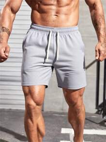 Men's Casual Light Grey Drawstring Knit Shorts, Regular Fit Elastic Waist Athletic Pants, Sports Jogger Pants For Men