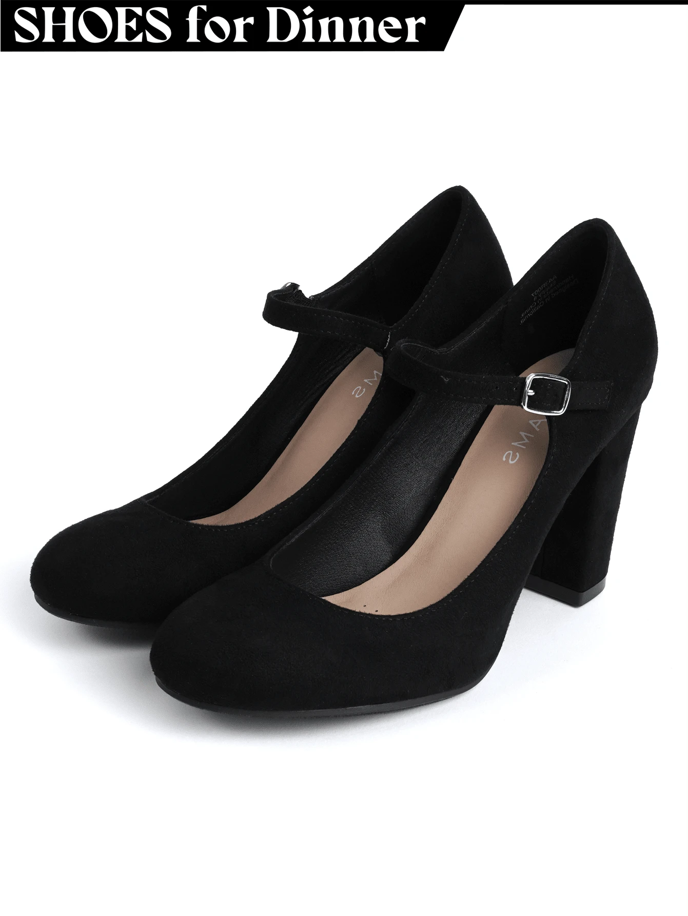 Women's White Wine Rose Gold Black Taupe Beige Grey Lipstick Natural Snake Mary Jane Pumps – Round Toe Ankle Strap Vintage Dress Heels [Size Up Half Size] - 黑色純素絨面革 - 查看 1