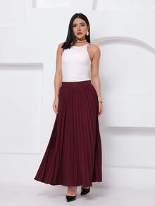 LXC Women's Pleated Skirt, Women's Vintage Midi Skirt, Elegant High Waist Long Skirt, Simple, Casual, Pleated, Office, Wedding - 酒紅色 - 查看 3