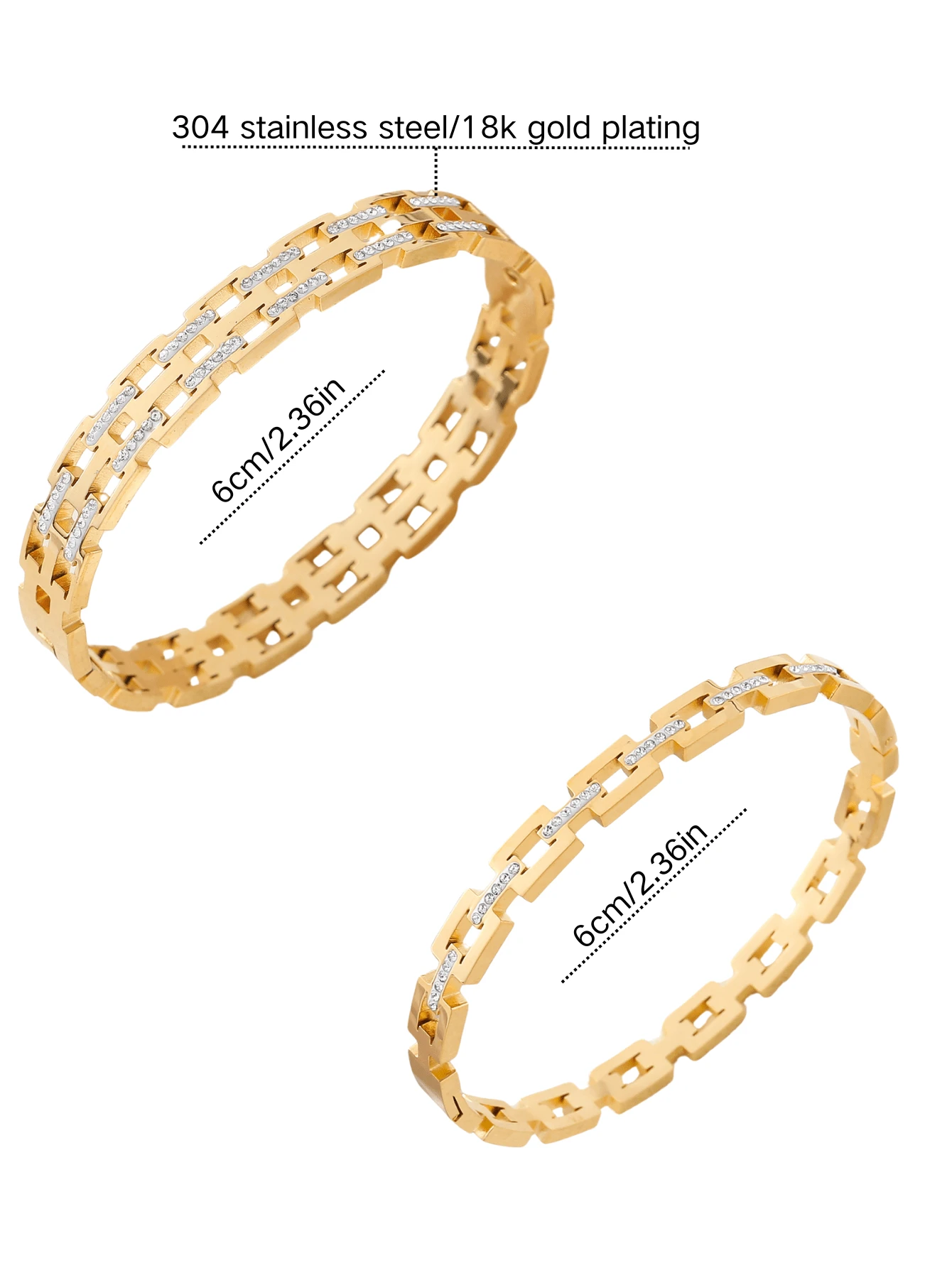 1/2 piezas Brazalete chapado en oro de 18K de acero inoxidable, decoración de cristal de cubo de azúcar de una/dos capas, brazalete de moda unisex, adecuado para uso diario, fiestas, vacaciones, diseño multifuncional para todas las estaciones - Dorado - Ver 1