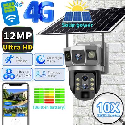 SWVW Kamera IP V380 Pro 4G Solar Security CCTV 12 MP 10-krotny zoom cyfrowy Dwa obiektywy Trzy ekrany Automatyczne śledzenie Zewnętrzna kamera bezpieczeństwa 6K PTZ, 4G Zewnętrzne i wewnętrzne kamery bezpieczeństwa domowego
