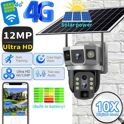 SWVW V380 Pro 4G IP Solar Camera Security CCTV 12 MP 10x Digital Zoom Two Lens Three Screen Auto Tracking Outdoor 6K Security Surveillance PTZ Camera,4G Outdoor And Indoor Security Home Cameras