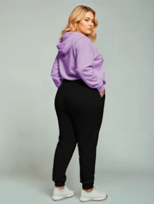 Women's Plus Size  Sweatshirt Set Casual Cold Weather Coat With Hood & Plain Pocket Basic Stylish Winter Tracksuit Long Sleeve Cold Weather Top And Pants - Lilac - View 4