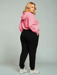 Women's Plus Size  Sweatshirt Set Casual Cold Weather Coat With Hood & Plain Pocket Basic Stylish Winter Tracksuit Long Sleeve Cold Weather Top And Pants - Baby Pink - View 4