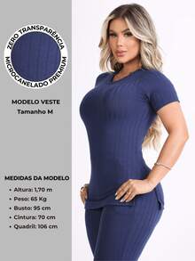 Women's Pants And Blouse Set Ribbed Knit Cotton Soft Short Sleeve Mid-Season Elegant - Màu xanh lam - Xem 4
