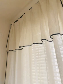 1pc Hanging Pleated Creamish Linen Sheer Curtain With Black Border, For Living Room - Multicolor - View 8