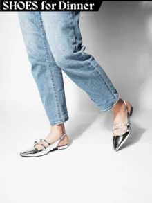 Women's Black Silver Pointed Toe Slingback Flats – Metallic Patent Ballet Shoes With Ankle Strap[Size Up Half Size] - Bạc - Xem 1