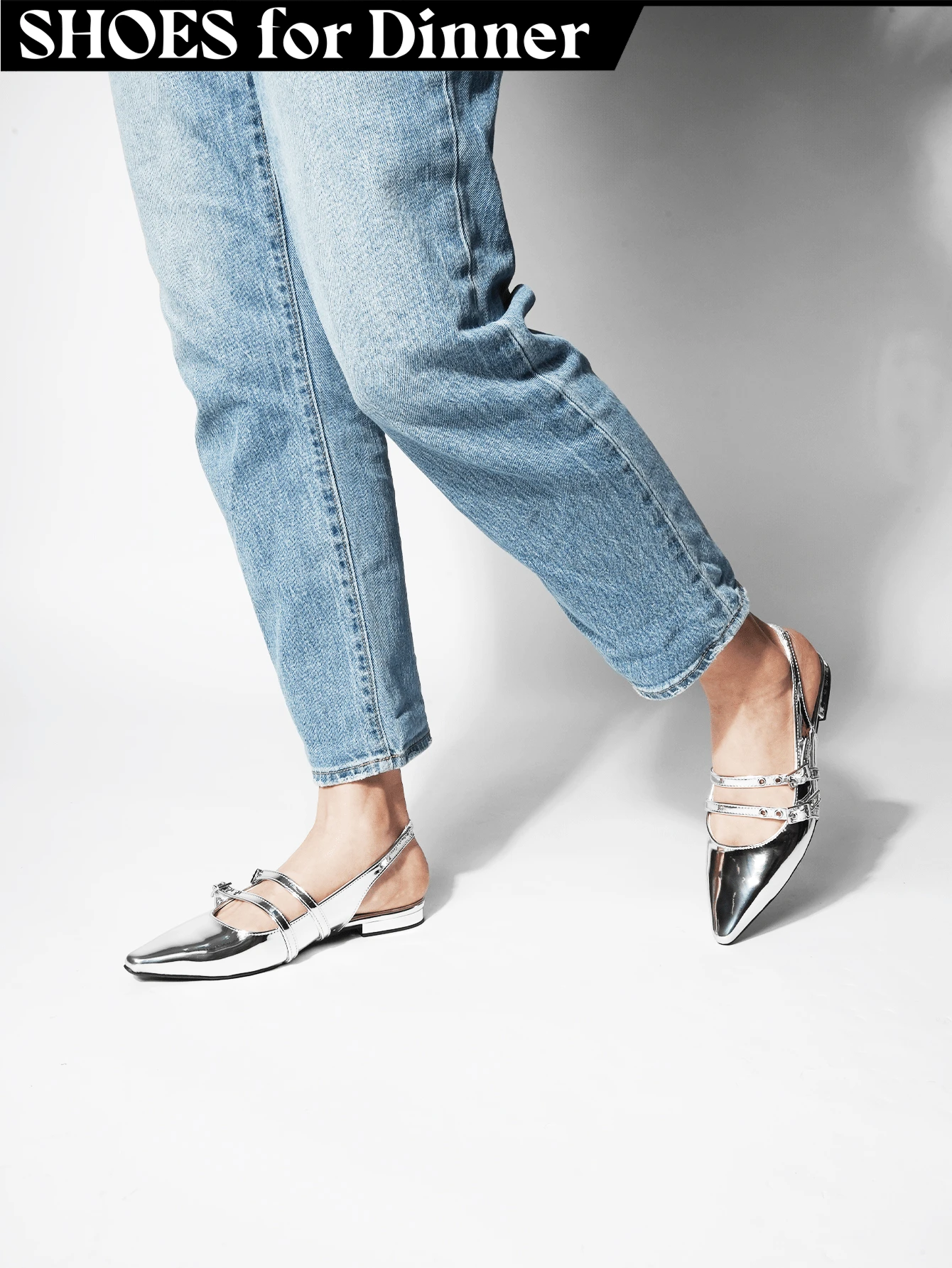 Women's Black Silver Pointed Toe Slingback Flats – Metallic Patent Ballet Shoes With Ankle Strap[Size Up Half Size] - Bạc - Xem 1