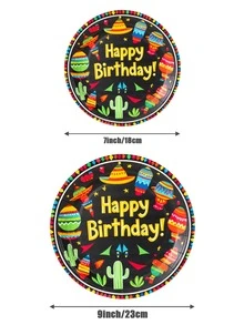 仙人掌生日快乐派对纸盘，一次性盘子，可容纳 25 位客人，可用于派对装饰、生日、送礼 - 彩色 - 查看 2