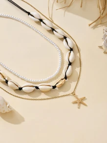 3pcs/Set Boho Ocean Wave Mermaid Shell, Turquoise Starfish Beaded Necklace Suit, Suitable For Women Daily And Beach Outfit