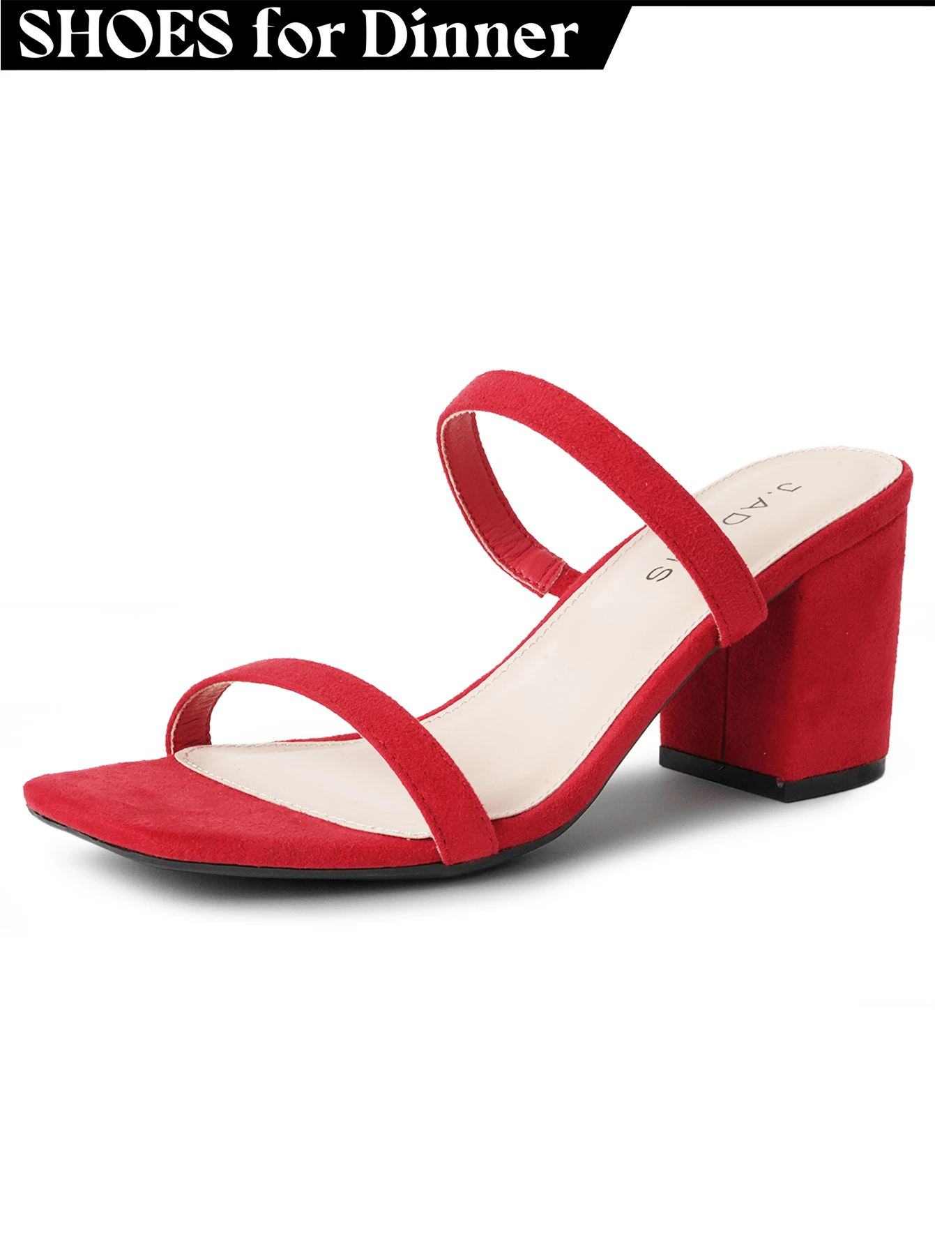 Women Double Strap Low Block Heel Mules – Square Toe Slip-On Minimalist Sandals For Spring Summer Bridesmaid Wedding Party Prom Date Night & Everyday Wear - 紅色純素絨面革 - 查看 1