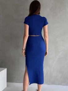 OYGA 2pcs/Set Summer Casual Solid Cropped T-Shirt And Split Hem Skirt Set - Blue - View 4