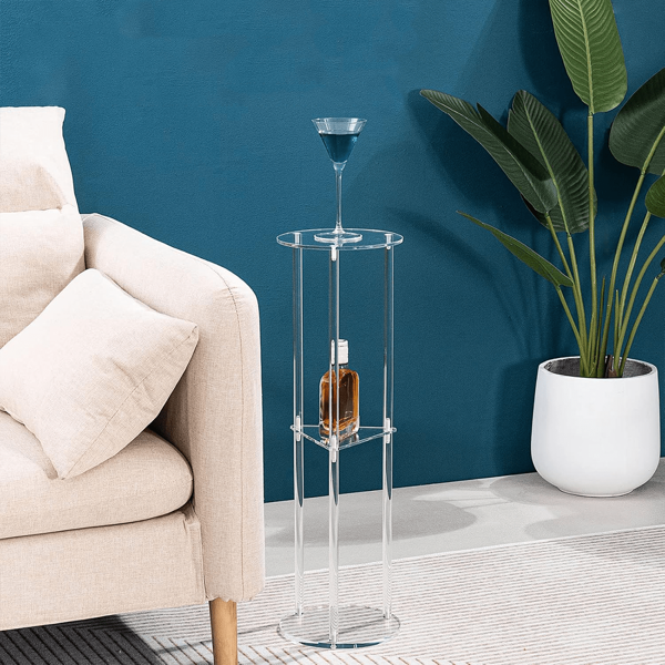 1 pieza Mesa de bebidas de acrílico transparente, adecuada para espacios pequeños, mesa auxiliar para bebidas, aplicable para sala de estar, dormitorio, estantería de almacenamiento para aparador de mesita de noche