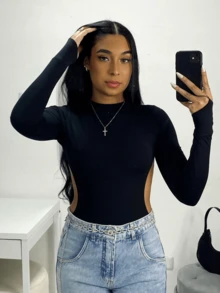 Gringa Bodysuit Long Sleeve Open Back Knitted Fabric Daily Travel Birthday Party - màu đen - Xem 2