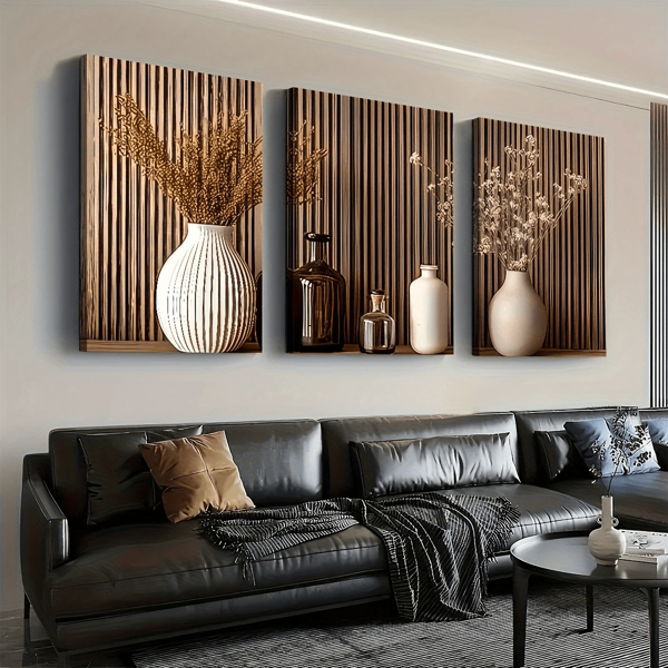 3 peças de arte de paisagem em vaso simples em estilo moderno de madeira, pintura em tela e pôster, pronto para pendurar, decoração de casa, arte de parede, decoração de quarto, impressões de alta resolução, presente de Natal, sala de estar, quarto, sala de jantar, decoração de escritório, arte pendurada
