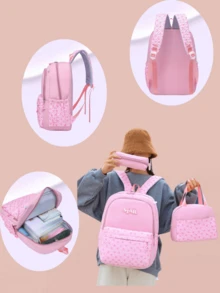 返校/毕业多功能耐用可爱大容量多功能3件套通勤背包套装，适合各种场合 - 粉色 - 查看 1