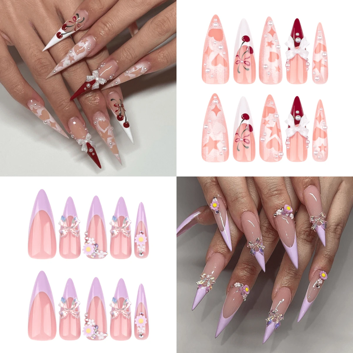 Get Glamorous With 48pcs Long Stiletto White French Style Classic Red Cherry Pattern 3D Laser Bow-Knot Pearl Decor Bling Elegant Heart Star Graffiti, French Style Elegant 3D Purple Little Daisy Floral Rhinestone Decor  Pastoral Style  Full Cover Fake Press On Nail Kit  Suitability For Summer Day,Will Give Your Look A Sweet Romantic
