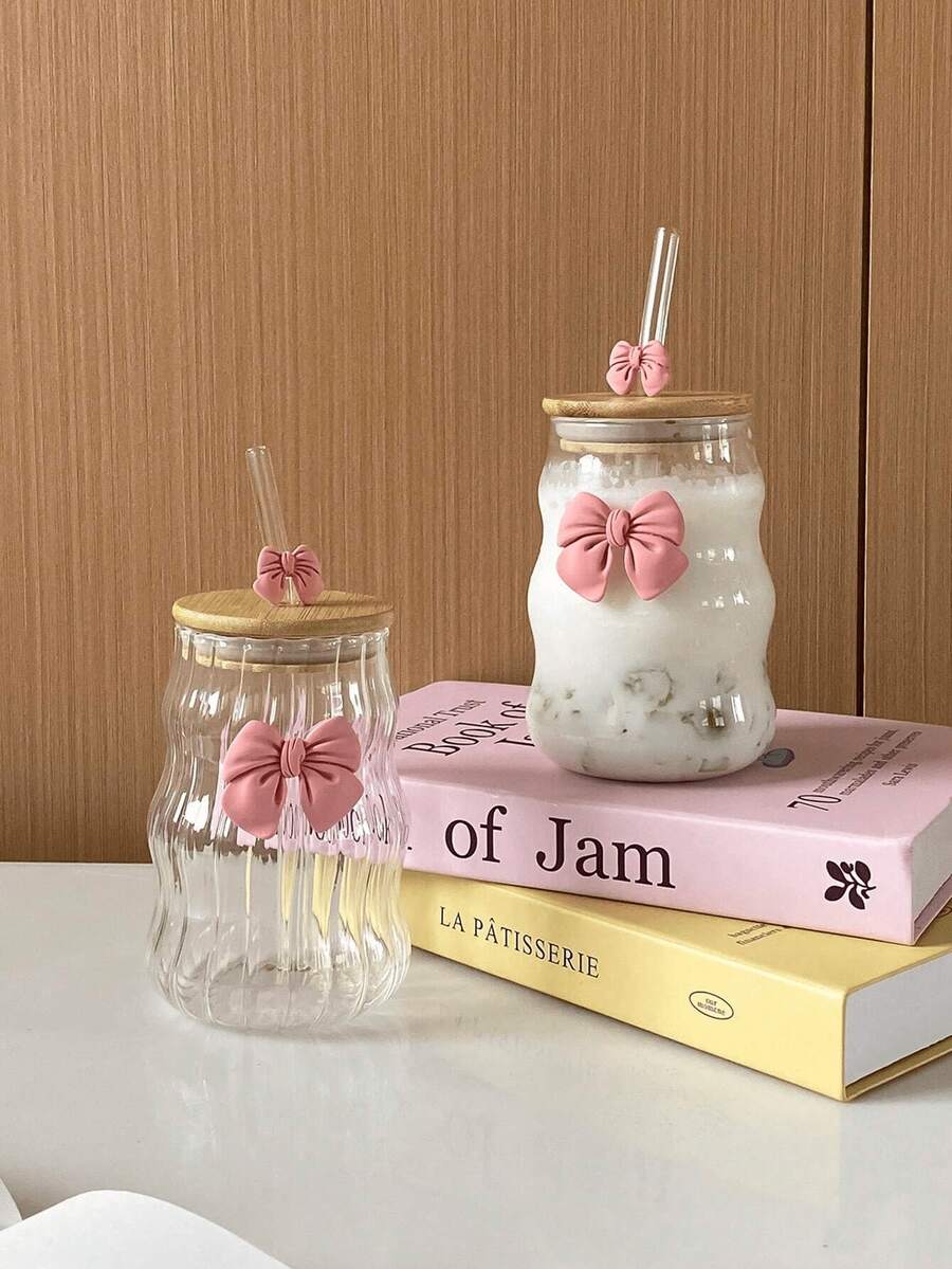 1pc Bowknot Glass Cup With Lid & Straw, Elegant Bowknot Glass Cup, Wavy Striped Glass Cup, Suitable For Home Decor, Drinking Water, Breakfast Milk, Afternoon Tea Coffee Cup, Valentine's Day Gift - Multicolor - View 1