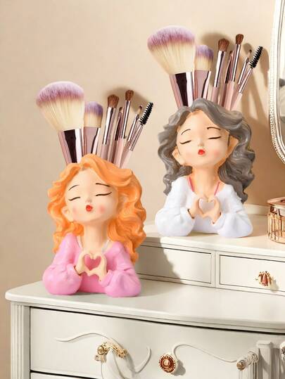1 件北欧风格可爱女孩树脂化妆品储物罐、高端化妆刷架、家居装饰、卧室花瓶收纳盒、节日礼物、生日庆祝、派对用品、送给她、女朋友的礼物