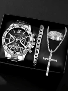 4 件男士商务手表套装，不锈钢石英表，带圆形表盘和指示器显示，包括时尚吊坠项链、手链和戒指，是送给男士的理想礼物