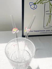 1/5 根耐热玻璃吸管，带蝴蝶/彩虹装饰，适合情人节/夏季必备，饮用果汁、奶茶、咖啡、冷饮，带水果装饰的弯曲吸管设计，学校用品，返校，送给女朋友/男朋友、父母、朋友的礼物 - 彩色 - 查看 4