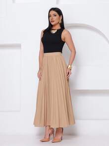 LXC Women's Pleated Skirt, Women's Vintage Midi Skirt, Elegant High Waist Long Skirt, Simple, Casual, Pleated, Office, Wedding - 米色 - 查看 5