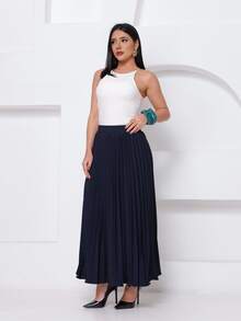 LXC Women's Pleated Skirt, Women's Vintage Midi Skirt, Elegant High Waist Long Skirt, Simple, Casual, Pleated, Office, Wedding - 藏蓝色 - 查看 3