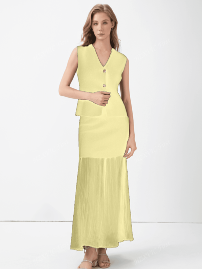 Outfit elegante da donna in 2 pezzi, top a maglia con scollo a V e senza maniche, bottoncini, abbinato a gonna lunga con vita alta, chiusura lampo laterale