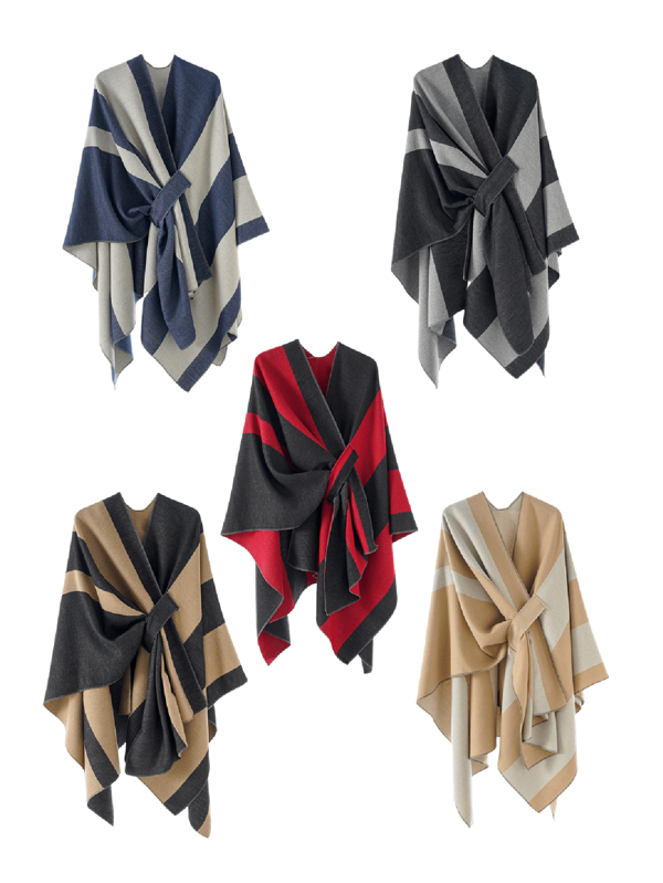 1 pezzo Sciarpa/Poncho reversibile da uomo in stile casual francese a righe, in finta cashmere, colore a contrasto, indumento esterno caldo