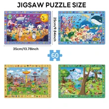 Giocattolo puzzle cognitivo 4 in 1 di ricerca e scoperta per bambini, 4 puzzle da 60 pezzi in una scatola tematici di spazio, oceano, foresta e parco divertimenti, ottimi regali per compleanni, vacanze, Natale