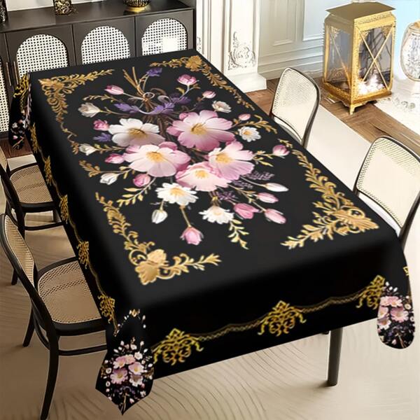 1/20pcs Elegant Black Tablecloth With Golden Floral & Leaf Pattern - Light Luxury Style, Easy To Clean & Durable Polyester Cover For Kitchen, Restaurant, Festival, Party - Perfect For Easter Celebrations, Festive Table Setting | Elegant Table Setting | Durable Tablecloth